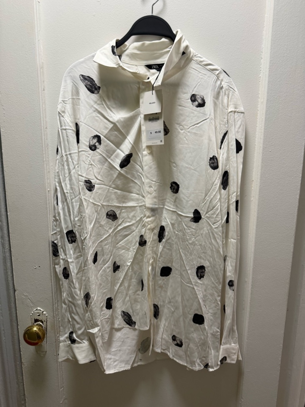 Zara White Long-Sleeve Button-Down Shirt with Black Spot Print
